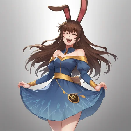 score_9, score_8_up, score_7_up, score_6_up, score_5_up, score_4_up, zPDXL2,1girl, solo, cowboy shot, <lora:Velvet_Scarlatina_-_RWBY:0.8> velvet_rwby, rabbit ears, brown hair, light blue prom dress, blue layered dress, off shoulder, prom, party, happy, laughing