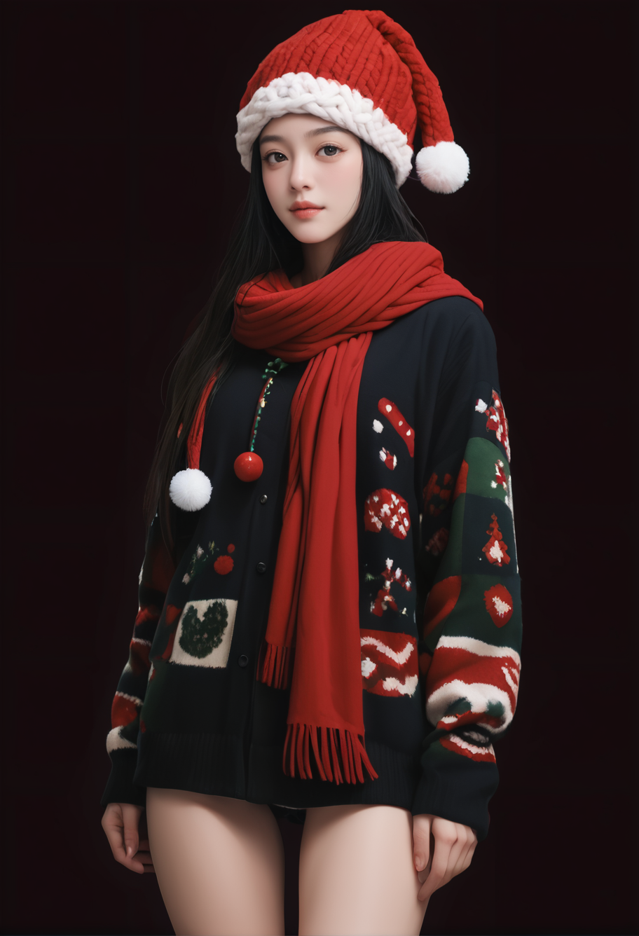 1girl,black background,,ruanyi1386,beanie,multicolored clothes,red scarf,christmas,standing,thigh gap,<lora:1386 christmas_v1_pony:1>, score_9,score_8_up,score_7_up,,8k,solo,,