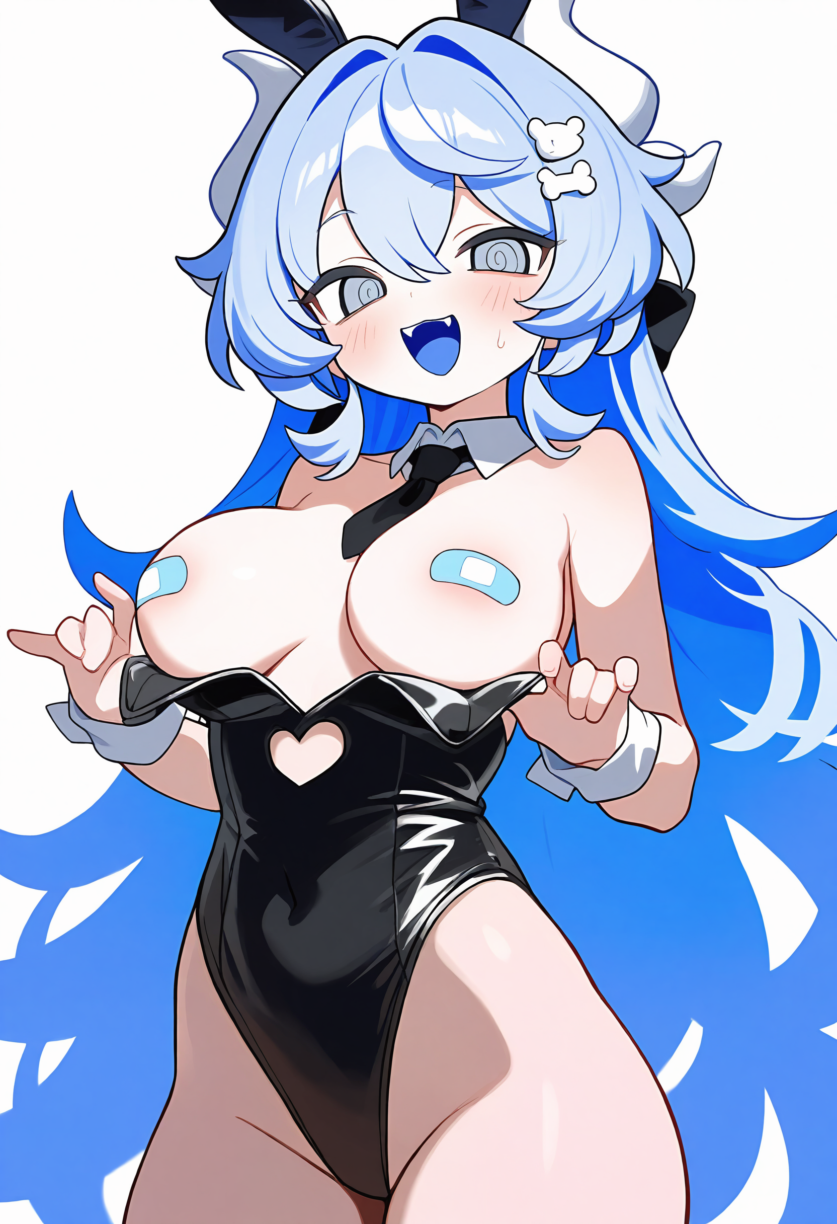 ,,<lora:TestTestTest!\kejuku\Kejuku_Style_NBV1.safetensors:0.95:0.95>,1girl,solo,long hair,breasts,looking at viewer,smile,open mouth,simple background,hair ornament,white background,bow,hair between eyes,bare shoulders,very long hair,blue hair,:d,hair bow,cowboy shot,horns,necktie,grey background,leotard,grey eyes,big breasts,strapless,black bow,detached collar,highleg,fangs,playboy bunny,white bow,black leotard,bandaid,strapless leotard,black necktie,highleg leotard,@ @,pasties,ringed eyes,rabbit hair ornament,ribs,cat hair ornament,white horns,bandaids on nipples,bone hair ornament,colored tongue,leotard pull,blue tongue,,masterpiece,best quality,newest,absurdres,highres,very awa,detail background <lora:None:0.9500000000000002>