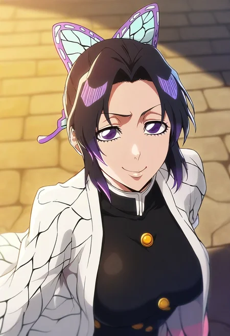 masterpiece, best quality, , intricate details, looking at viewer, , 1girl, shinobu kochou, black hair, purple eyes, butterfly ornament, solo, from above, stone road, dusk, jojo pose, naughty smile, <lora:bleach_tybw_style_ilxl:0.86>, bleach_tybw_style,