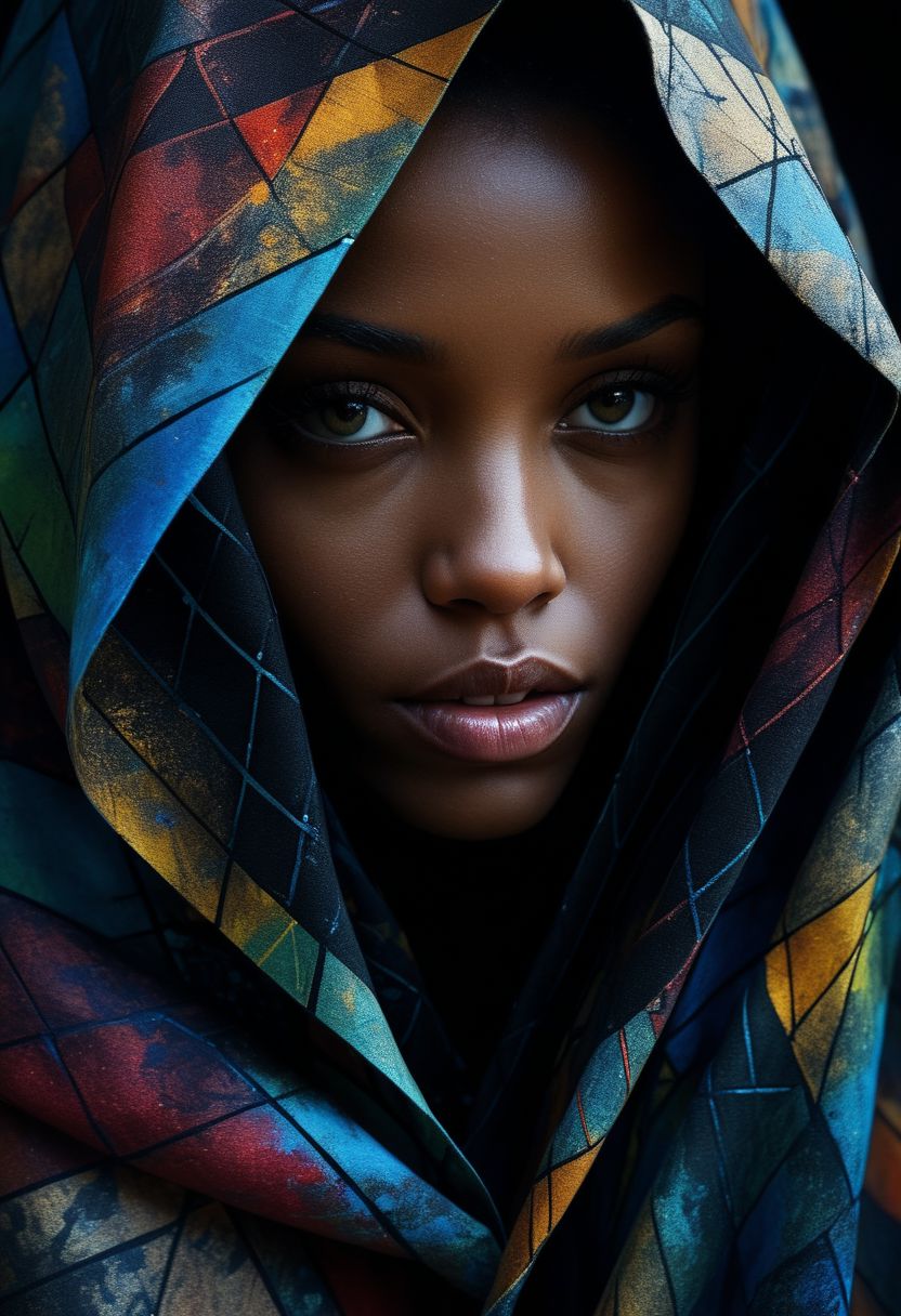 Close-up face, mysterious silhouette of an exotic coloured girl in worn down cape, goddess, alluring, by Minjae Lee, Carne Griffiths, Emily Kell, Steve McCurry, Geoffroy Thoorens, Aaron Horkey, Jordan Grimmer, Greg Rutkowski, amazing depth, double exposure, surreal, geometric patterns, intricately detailed, bokeh,  perfect balanced, deep fine borders, artistic photorealism , smooth,  great masterwork by Suiras  <lora:add-detail-xl:2>  <lora:Double_Exposure:0.5>