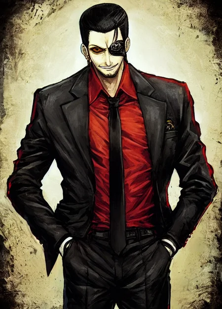red shirt, 1boy, black gloves, black hair, black jacket, black necktie, pants, by k-suwabe, dress pants, dress shirt, eyepatch, goatee, hand in pocket, leather gloves, yakuza, majima gorou, male focus, one-eyed, pendant, bowl cut, hair curtains, solo, cool, smirk <lora:ksuwabe-v1-6k-lora:2>
