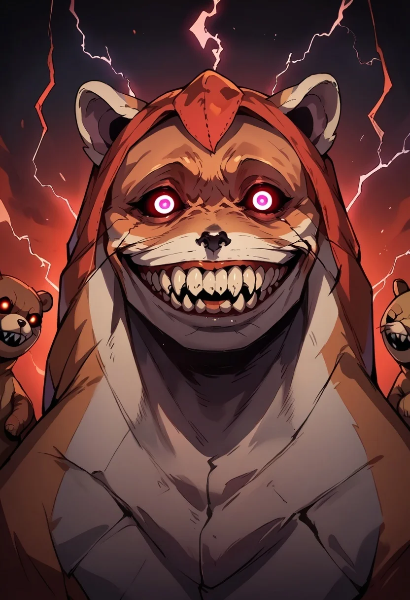 score_9, score_8_up,score_7_up,score_6_up, source_anime,
haunted bean plushie,
solgo, sharp teeth, evil grin, black sclera, glowing eyes,portrait, TailsTheFox, no humans, animal, animal focus,IncrsLowTier, glowing eyes, no eyes, electricity, upper body
<lora:Solgo-grin-v1-potat:0.7> 
 <lora:KYS_XLPD:0.8>   <lora:CursedTails_XLPD:1>