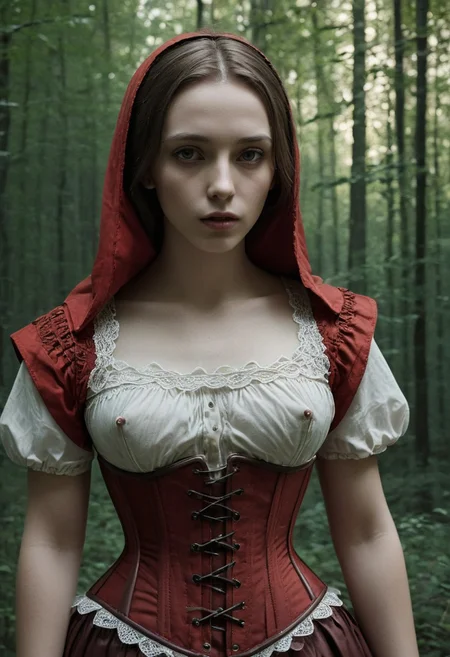 epiCRealism, (masterpiece:1.3), highes quality, High quality photo, Little Red Riding Hood weary in the woods, whita blouse rimmed with lace and underbust corset, dark, chiaroscuro, low-key, RAW photo, subsurface scattering, heavy shadow, (high quality:1.4), (intricate, high detail:1.2), professional photography, realistic, ultra realistic, photorealistic, high resolution, film photography, ambient lighting, atmospheric effects, highly detailed and hyper realistic photo of analog film photo of detailed sharp image