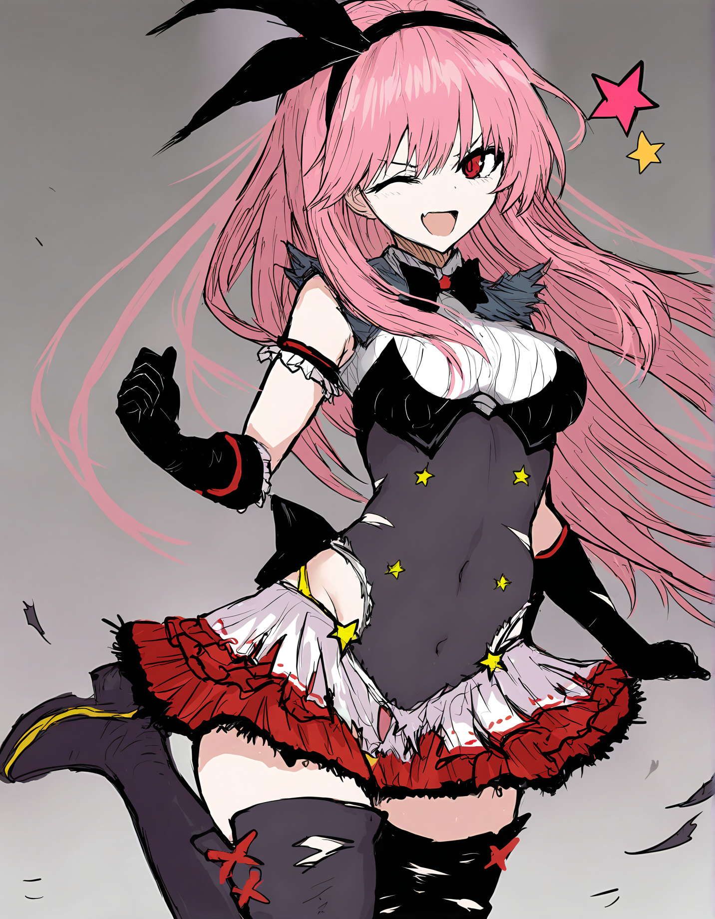 sushi yuusha toro, 1girl, sensitive, long hair, one eye closed, pink hair, thighhighs, red eyes, star (symbol), open mouth, solo, smile, hairband, breasts, skirt, bow, thigh boots, medium breasts, ;d, covered navel, frilled skirt, torn clothes
very awa, masterpiece, best quality, year 2024, newest, highres, absurdres, <lora:black-souls-style-noobai-vpred10-prodigy-DoRA-debiased:1>