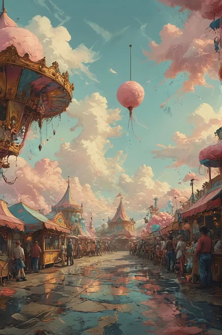 A surrealistic interpretation of a carnival midway, where carousel horses have elongated necks and twisted limbs, and cotton candy clouds loom overhead. The scene is filled with bizarre attractions, from funhouse mirrors that distort reality to fortune-telling machines that whisper cryptic prophecies. (masterpiece, award winning artwork)
many details, extreme detailed, full of details,
Wide range of colors, high Dynamic
<lora:EldritchMixIllustration_1.0:1.0>
<lora:add-detail-xl:0.89>
 <lora:xl_more_art-full_v1:0.4> 
 <lora:MJ52:0.4>