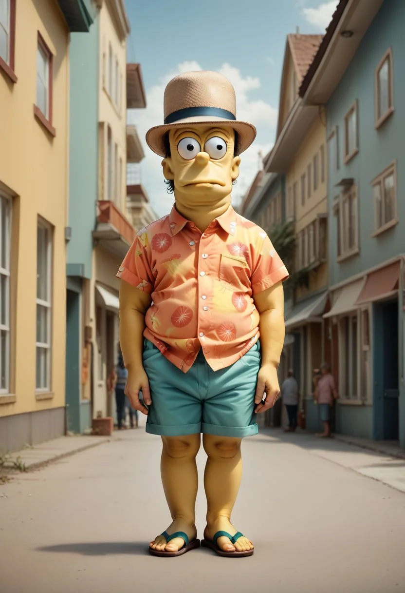 score_9,score_8_up,score_7_up, SurrealWorld, surreal, Wes Anderson style, home simpson \(the simpsons\), yellow skin, fat, in a city, hawaiian shirt, shorts, sandals, fedora