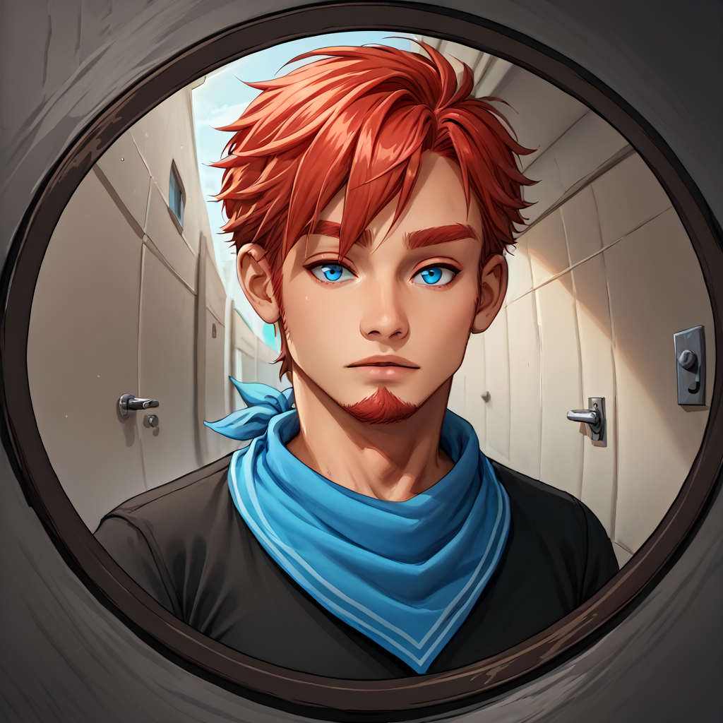 score_9, score_8_up, solo, 1boy, <lora:NSArloPortia:0.9> NSArloPortia, red hair, blue eyes, goatee, blue neckerchief,  <lora:doorFisheyeConceptPDXL_v10:0.8> fisheye, outdoors, hallway, close up, black eyeshadow, black t-shirt
