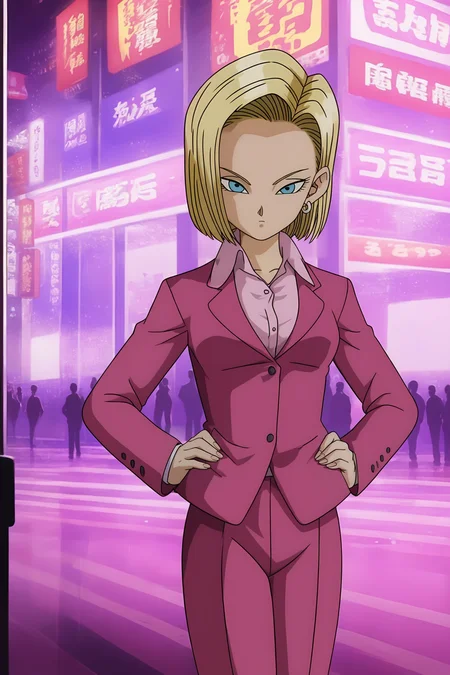source_anime, score_9, score_8_up, score_7_up, anime screencap, high quality, 
android 18, official style, 1girl, solo, looking at viewer, short hair, blue eyes, blonde hair, collared shirt, pink shirt, pink jacket, pink pants, silver earring, pants, formal, suit, hands on hips, pink suit, collarbone, cowboy shot, city, v-shaped eyebrows, v-shaped eyes, eyelashes, fingernails
<lora:c18_pony:0.8>