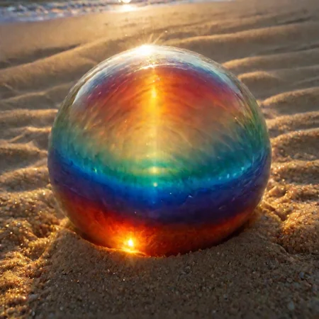 macrophotography,extreme close up of (perfectly spheric glass ball) partially buried in sand beach at sunset, rainbow highlights. Sunset beams on the windblown sand through glasse,<lora:EnvyRefractionXL01:1>,This should be a ((masterpiece)) with a ((best_quality)) in ultra-high resolution, both ((4K)) and ((8K)), incorporating ((HDR)) for vividness. It uses a ((Kodak Portra 400)) lens for timeless, professional quality. Emphasizes a ((blurred background)) with a touch of ((bokeh)) and ((lens flare)) for an artistic effect. Enhance ((vibrant colors)) for a vivid look. Make sure the photograph is ((ultra-detailed)) and shows ((absurd)) details. Pay special attention to capturing the ((sadness)) of the subject. The goal is to create a ((professional photograph)) that is visually stunning and technically excellent, fluorescent dust, glowing dust