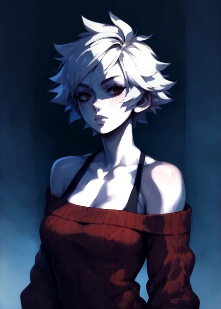 white skins, spiky red short tomboy hair, neutral expression, tight sweater, <lora:NAHIRI:1> nahiri, 1girl, solo, short hair, breasts, bare shoulders, white hair, colored skin, <lora:RD-MAnon-XLV1.1:1> female,, source_anime, score_9_up, score_7_up, score_8_up