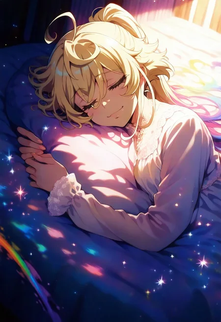 Tanya Degurechaff, masterpiece, best quality, amazing quality, very aesthetic, absurdres, anime screencap, clear face, correct face, clear eyes, beautiful eyes, detailed eyes, even eyes, 1 girl, backlighting, Tanya Degurechaff, peacefully sleeping, on a plush bed, in a dreamy bedroom, wearing a flowing nightgown, with closed eyes, serene expression, surrounded by floating stars and wisps of clouds, evoking a whimsical and introspective mood. Dutch angle, soft light, vibrant colors, multicolored rainbow light, focus on face, lots of soft light and colorful particles, colorful, masterpiece, best quality, amazing quality, very aesthetic, absurdres, newest, soft light, masterpiece, best quality, colorful, bright, multicolored, bright colors of paint, masterpiece, best quality, amazing quality, very aesthetic, absurdres, lots of multicolored rainbow light, focus on the face, lots of soft light, soft colors,