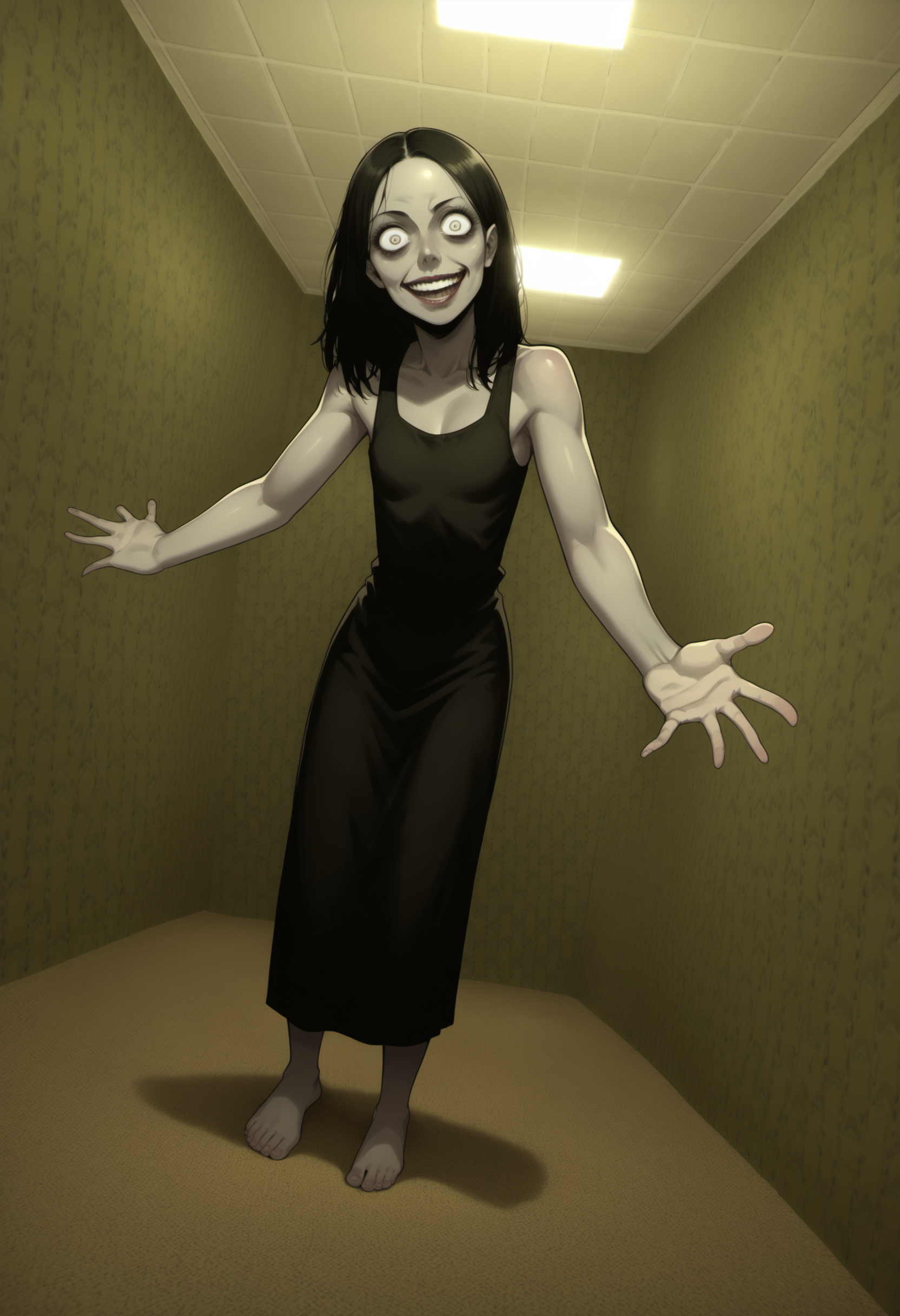 score_9, score_8_up, score_7_up, score_6_up, source anime
BREAK
1girl, black hair, long hair, parted bangs, big eyes, creepy eyes, expressionless, skinny, black dress, sleeveless, flat chest, tall female, barefoot, feet (head tilt:1.3), looking at viewer, creepy smile, open mouth, monster, hunched over, long neck, peeking, (dutch angle:1.6), crazy eyes, crazy smile, crazy, standing, (grey skin:1.2), reaching towards viewer, dynamic pose, spread fingers
BREAK
backrooms, backrooms \(creepypasta\), brown carpet floor, yellow wall, argyle wall, tile ceiling, ceiling light, indoors, empty space <lora:StrangeWorld_Pony:1> <lora:[Backrooms] Backrooms Style Background_epoch_10:1>