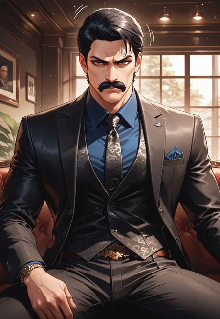 cowboy shot, (solo), 1boy, motion lines, male focus, sit, close up
masculine face, daddy looking face, masculine, wrinkle, Villain, thug, gangster, Nahualli, black hair, moustache, brown eyes,
Serious expression, 
Black suit, elegant man, 
toned body, lean body, slim body, narrow waist,
detailed face, detailed body, detailed eyes, perfect anatomy,
masterpiece,best quality,amazing quality,
<lora:cfg_scale_boost:0.2>, <lora:add-detail-xl:0.2>, <lora:NAI_QualityV1.1:0.2>,
Indoors, gangster office