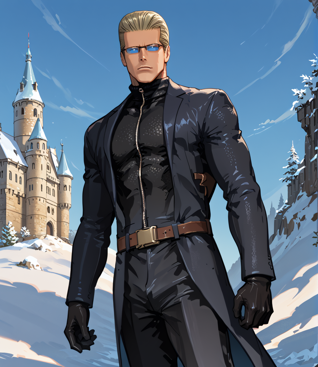 PonyScores7, source_anime, ah1,  <lora:natsumi_style:1>, BREAK <lora:albertwesker-guy-PONYv1:0.8> albertwesker, 1boy, blonde, black gloves, (sunglasses:1.3), belt, black coat, black pants, looking at viewer, toned, athletic, fit, slicked back hair, black turtleneck, zipper, mature male, short hair, black boots, (quantum thief, dressed in a suit that allows them to phase through objects carrying a device that can manipulate quantum states), (Snowy Winter Wonderland with Ice Castle), ((Fed up expression)), (focused, intense glare, apatethic, contemptuous), blue eyes, (angular face, sharp_featured face), handsome, charming, alluring, BREAK <lora:xl_more_art-full_v1:0.2>, <lora:shinyskin2:0.2> glistening skin, <lora:aesthetic_anime_v1s:0.2>, <lora:Expressive_H:0.2> Expressiveh, <lora:hairdetailpxl:0.2> hairdetailpxl, <lora:EpicF4nta5yXL:0.2>, <lora:detailxl:0.2> detailxl, <lora:Fant5yP0ny:0.2>, best quality, amazing quality, best aesthetic, absurdres, <lora:expressive eyes:0.2> expressive eyes, <lora:eyedetailpxl:0.2> eyedetailpxl, illustration, Volumetric_Lighting, ultra-detailed, very aesthetic, intricate details, 8k, masterpiece, best_quality, BREAK (Low angle (from behind) view Extreme Close shot), BREAK <lora:Eyes_High_Definition:0.3> EyesHD, Stable_Yogis_PDXL_Positives, AS-Adult, <lora:Complicated fantasy portrait - XL Pony V2.0:0.4>, bad-hands-5, AS-MidAged,