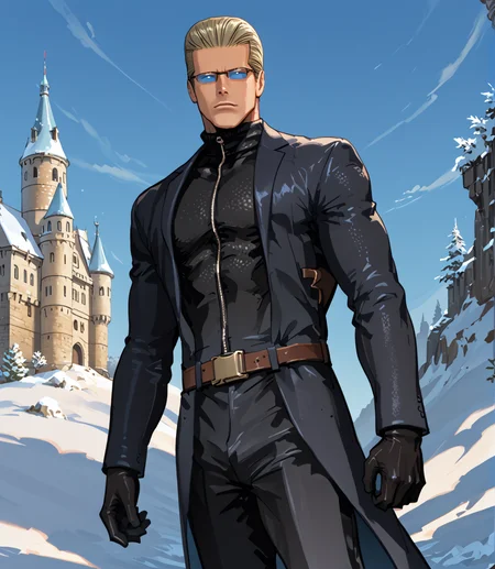 PonyScores7, source_anime, ah1,  <lora:natsumi_style:1>, BREAK <lora:albertwesker-guy-PONYv1:0.8> albertwesker, 1boy, blonde, black gloves, (sunglasses:1.3), belt, black coat, black pants, looking at viewer, toned, athletic, fit, slicked back hair, black turtleneck, zipper, mature male, short hair, black boots, (quantum thief, dressed in a suit that allows them to phase through objects carrying a device that can manipulate quantum states), (Snowy Winter Wonderland with Ice Castle), ((Fed up expression)), (focused, intense glare, apatethic, contemptuous), blue eyes, (angular face, sharp_featured face), handsome, charming, alluring, BREAK <lora:xl_more_art-full_v1:0.2>, <lora:shinyskin2:0.2> glistening skin, <lora:aesthetic_anime_v1s:0.2>, <lora:Expressive_H:0.2> Expressiveh, <lora:hairdetailpxl:0.2> hairdetailpxl, <lora:EpicF4nta5yXL:0.2>, <lora:detailxl:0.2> detailxl, <lora:Fant5yP0ny:0.2>, best quality, amazing quality, best aesthetic, absurdres, <lora:expressive eyes:0.2> expressive eyes, <lora:eyedetailpxl:0.2> eyedetailpxl, illustration, Volumetric_Lighting, ultra-detailed, very aesthetic, intricate details, 8k, masterpiece, best_quality, BREAK (Low angle (from behind) view Extreme Close shot), BREAK <lora:Eyes_High_Definition:0.3> EyesHD, Stable_Yogis_PDXL_Positives, AS-Adult, <lora:Complicated fantasy portrait - XL Pony V2.0:0.4>, bad-hands-5, AS-MidAged,