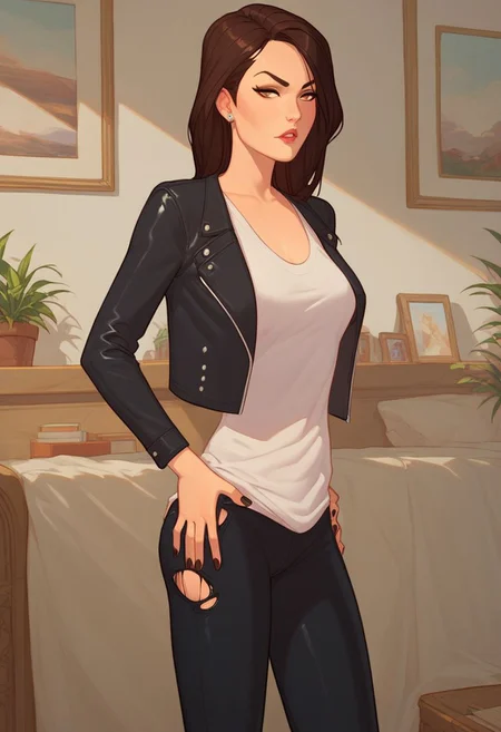 Score_9_up, score_8_up, score_7_up, solo, 1girl, sashall, brown hair, leather jacket, white shirt, torn pants, hands on hip, Expressiveh