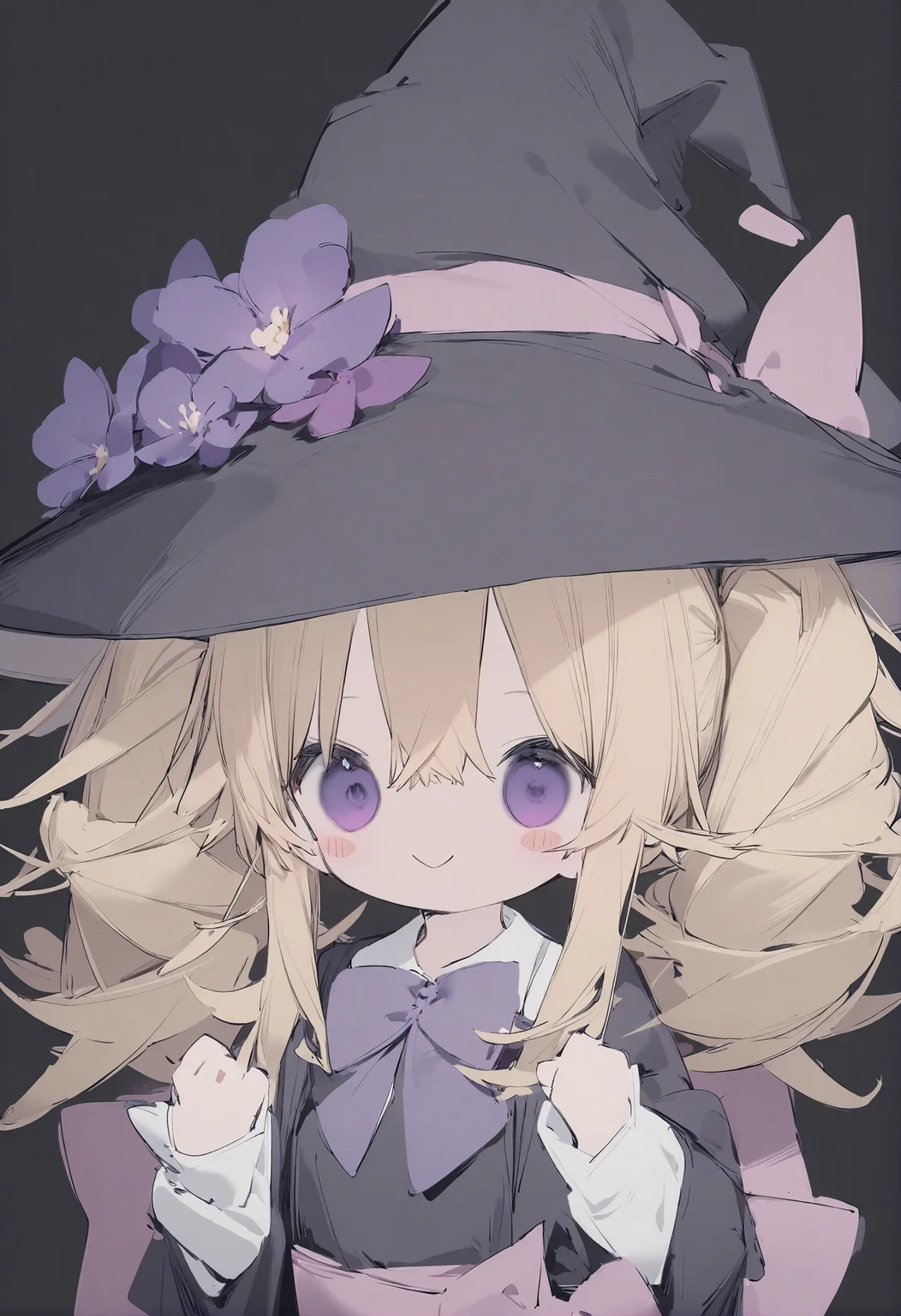 1girl,
nanmokaken,
bow, long sleeves, sash, black background, bowtie, purple flower, sidelocks, dress, blush, purple bowtie, black dress, twintails, purple bow, white shirt, :>, upper body, flower, smile, blonde hair, hands up, long hair, purple eyes, pink sash, hat bow, hat, blush stickers, shirt, witch hat, holding, solo, simple background, black hat,
masterpiece, best quality, newest, safe
<lora:nanmokaken_image36_2024-03-28_a31-000045:1>