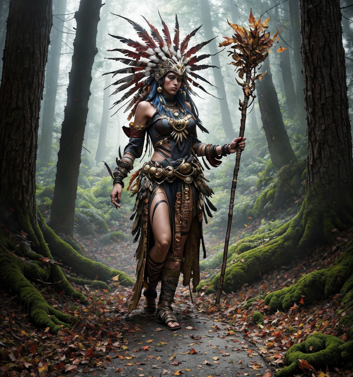 RAW photo, (masterpiece:1.3), subsurface scattering, heavy shadow, (high quality:1.4), (intricate, high detail:1.2), professional photography, HDR, High Dynamic Range, realistic, ultra realistic, photorealistic, high resolution, film photography, ambient lighting, atmospheric effects, <lora:detail_slider_v4:2>, OverallDetail,  <lora:zoom_slider_v1:-3>,  <lora:DarkShaman:1> , 1girl, ankle wrap, bandages, bangle, bare shoulders, bead necklace, bone, bracelet, breasts, breasts apart, crescent earrings, dagger, dark-skinned female, dasa, detached sleeves, dirty feet, domino mask, dreadlocks, earrings, facepaint, facial mark, falling leaves, fingerless gloves, forest, full body, genderswap, helmet, holding, holding staff, horns, jewelry, leg warmers, long hair, male focus, monster, native american, necklace, old woman, outdoors, piercing, scenery, shoulder armor, side slit, solo, staff, standing, tribal, white hair