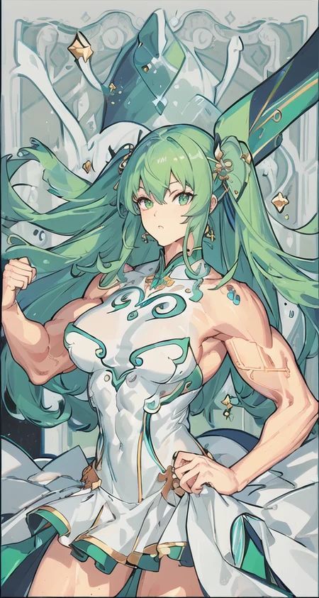 (((masterpiece))),(((bestquality))),((ultra-detailed)),(illustration),((anextremelydelicateandbeautiful)),dynamicangle,floating,(beautifuldetailedeyes),(detailedlight) ,(1man:1.6), (muscular:1.8),solo, floating_hair,glowingeyes,green hair,greeneyes, twintails, halterdress,  atdan, green background, <lora:animeTarotCardArtStyleLora_v20Offset:0.8>,