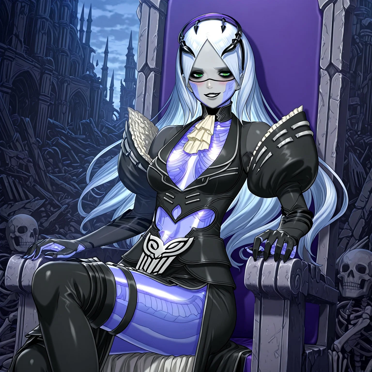 anime screencap, 1girl, solo, realistic, (naughty smile, grin, blush, sexy), Ganglot, long hair, white hair, tiara, green eyes, black eyeshadow, see-through body, grey skin, black lipstick, skull, skelleton, choker, black dress, cleavage, frills, side slit, thigh boots, sitting on throne, smug, BREAK, Masatsugu Saito, palace, ruins
