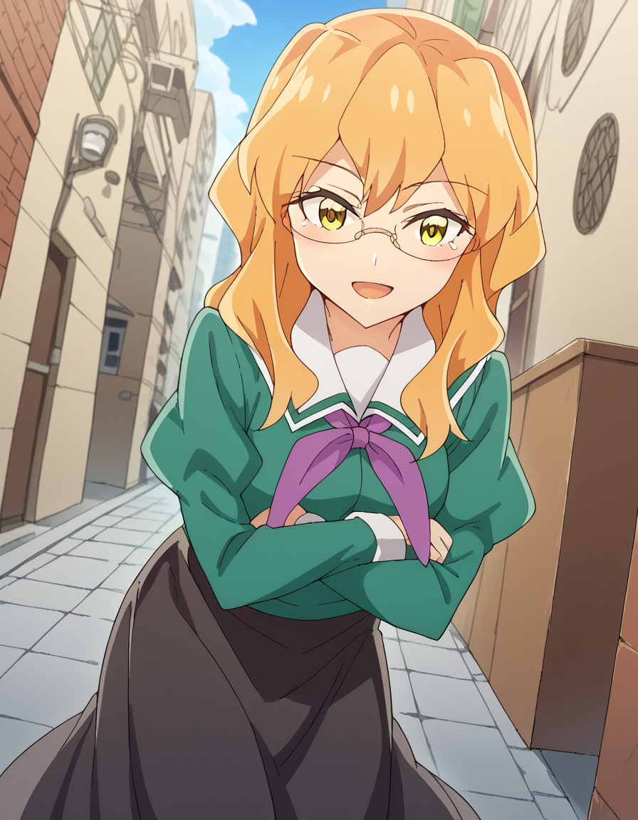 score_9, score_8_up, score_7_up, source_anime, <lora:sumika-chibana-s1-ponyxl-lora-nochekaiser:1>, sumika chibana, long hair, blonde hair, yellow eyes, glasses,, skirt, long sleeves, school uniform, puffy sleeves, serafuku, purple neckerchief, green shirt, black skirt, long skirt,, alley, narrow, urban, dark, buildings, smile, <lora:x-arms-ponyxl-lora-nochekaiser:1>, x arms, blush, open mouth, leaning forward,, looking at viewer, solo,, dutch angle, cowboy shot