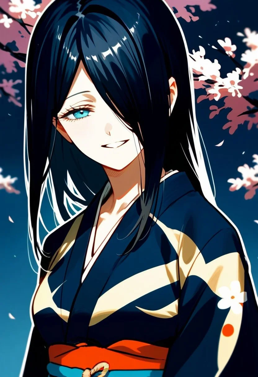 score_9,score_8_up,score_7_up,source_anime, Hana Mitani,1girl,solo,looking at viewer,smile,parted lips,japanese clothes,kimono,hair over one eye,portrait,