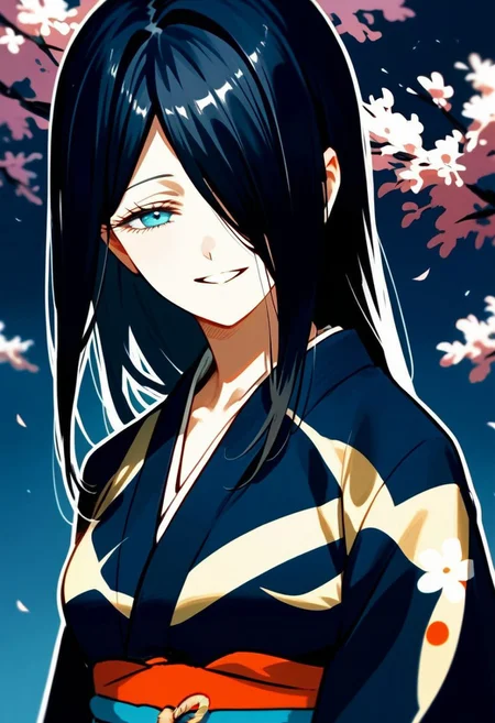 score_9,score_8_up,score_7_up,source_anime, Hana Mitani,1girl,solo,looking at viewer,smile,parted lips,japanese clothes,kimono,hair over one eye,portrait,
