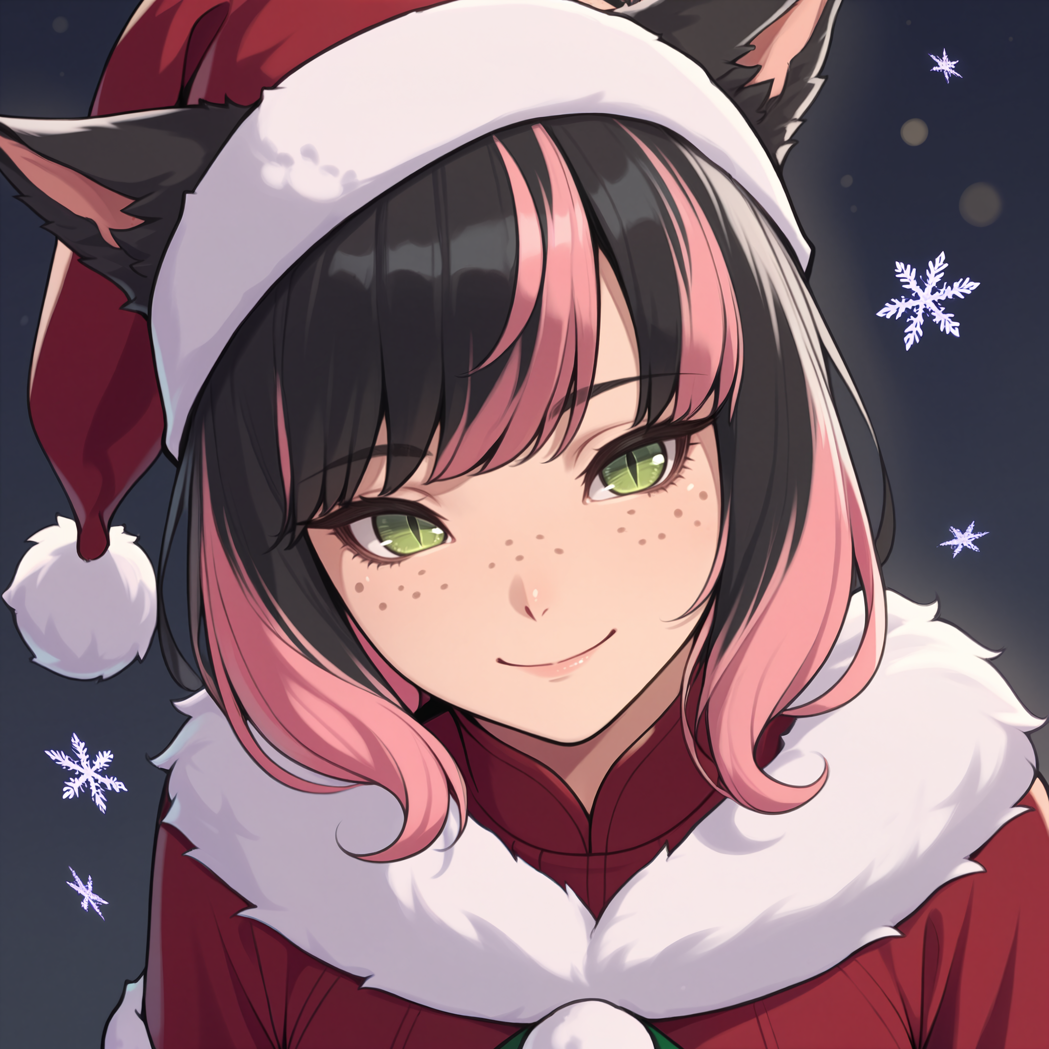 masterpiece, best quality, solo, 1girl, <lora:clamchan_illu:1> animal ears, black hair, pink hair, multicolored hair, green eyes, slit pupils, freckles, red dress, fur trim, santa hat, smile, simple background,  night, snowflakes