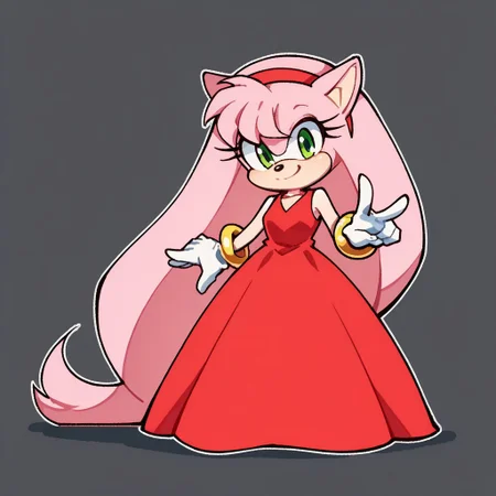 score_9, score_8_up, score_7_up, score_6_up, score_5_up, score_4_up, BREAK, <lora:Amy_Rose:1>, amy rose, 1girl, smile, absurdly long hair, very long hair, floor length hair, simple background, gloves, white background, long skirt, dress, jewelry, closed mouth, standing, full body, hairband, sleeveless, white gloves, flat chest, skin tone arms, bracelet, sleeveless dress, looking down, red dress, happy, furry, furry female, red hairband, animal nose, solo, green eyes, animal ears, pink hair, pink fur, looking at viewer, medium breasts,