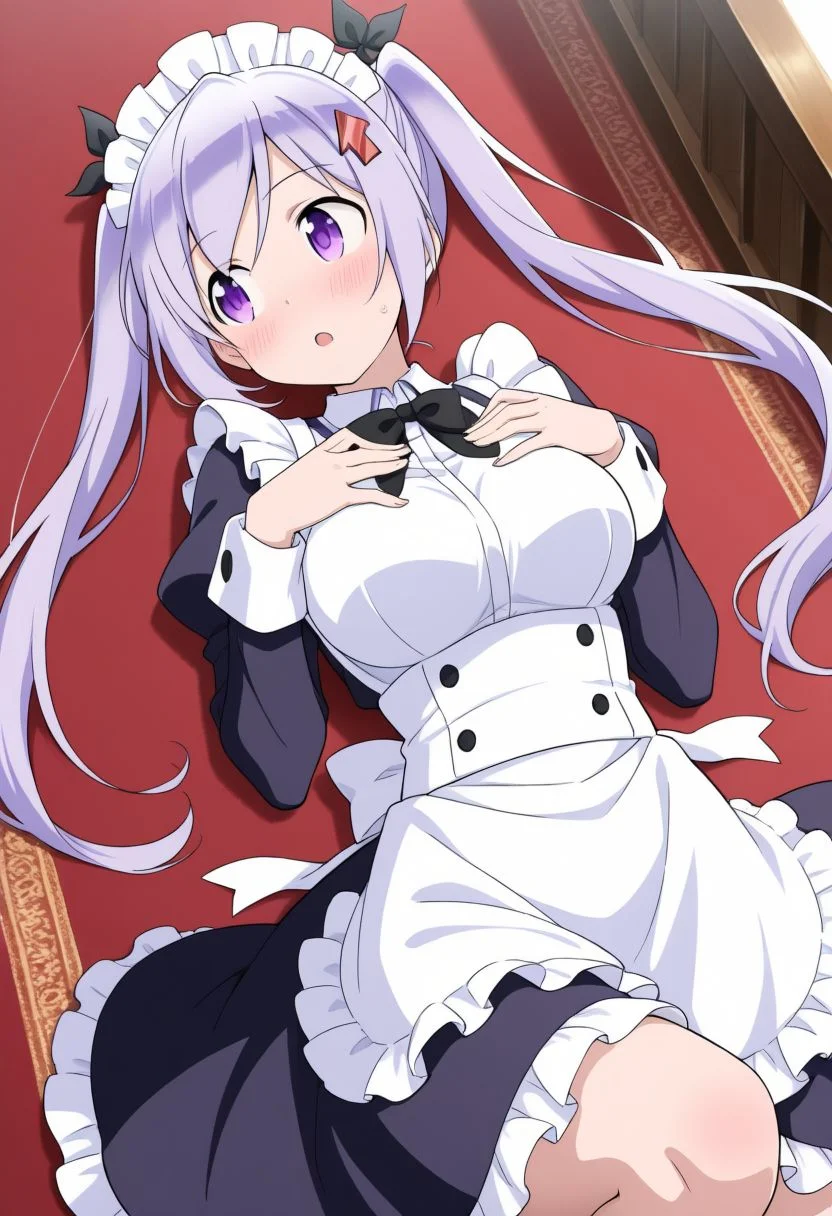 looking to the side, cowboy shot, stairs, lying, from above, carpet, 
white background, 
1girl,  <lora:kamiya_agari:1> kamiya agari, red arrow (symbol), arrow hair ornament, black hair ribbon, purple eyes, purple hair, long hair, twintails, breasts, 
hands on own chest,  open hands, 
maid, maid headdress, maid apron, light blush, embarrassed, :o, sweat, knee up,