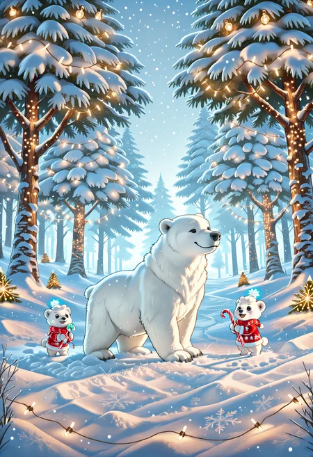 Animal Christmas, masterpiece, best quality, Polar bear cub, holding candy cane, near decorated tree, snowy ground, twinkling lights, Arctic vibes, playful expression, glowing ornaments, cozy holiday, frosty backdrop, bright holiday colors, cheerful cub, soft snowfall, joyful energy, festive forest