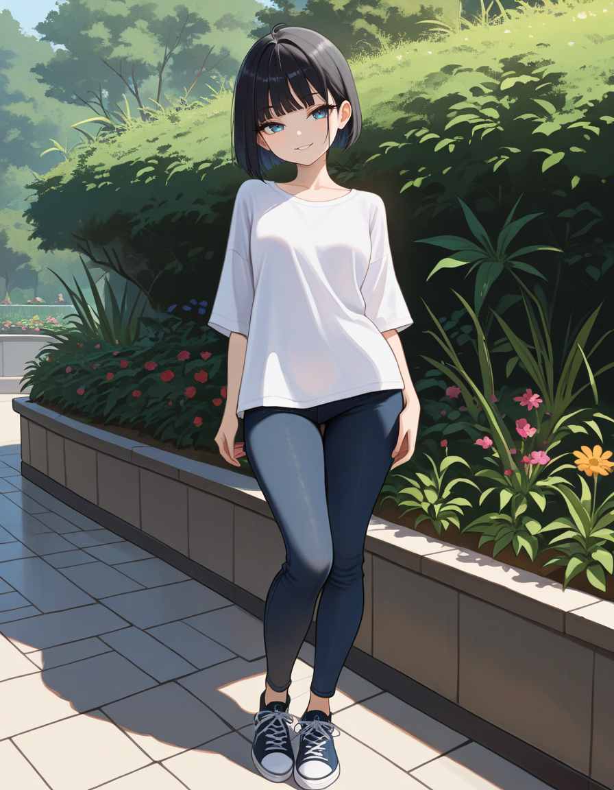 masterpiece, best quality, very aesthetic, absurdres,
outdoors, 
full body, standing,posing,
seductive smile, parted lips, long eyelashes,
 <lora:Annya_v01_NAIXL:1>  Annya,1girl,solo,black hair,short hair,bob cut,bangs,blue eyes,