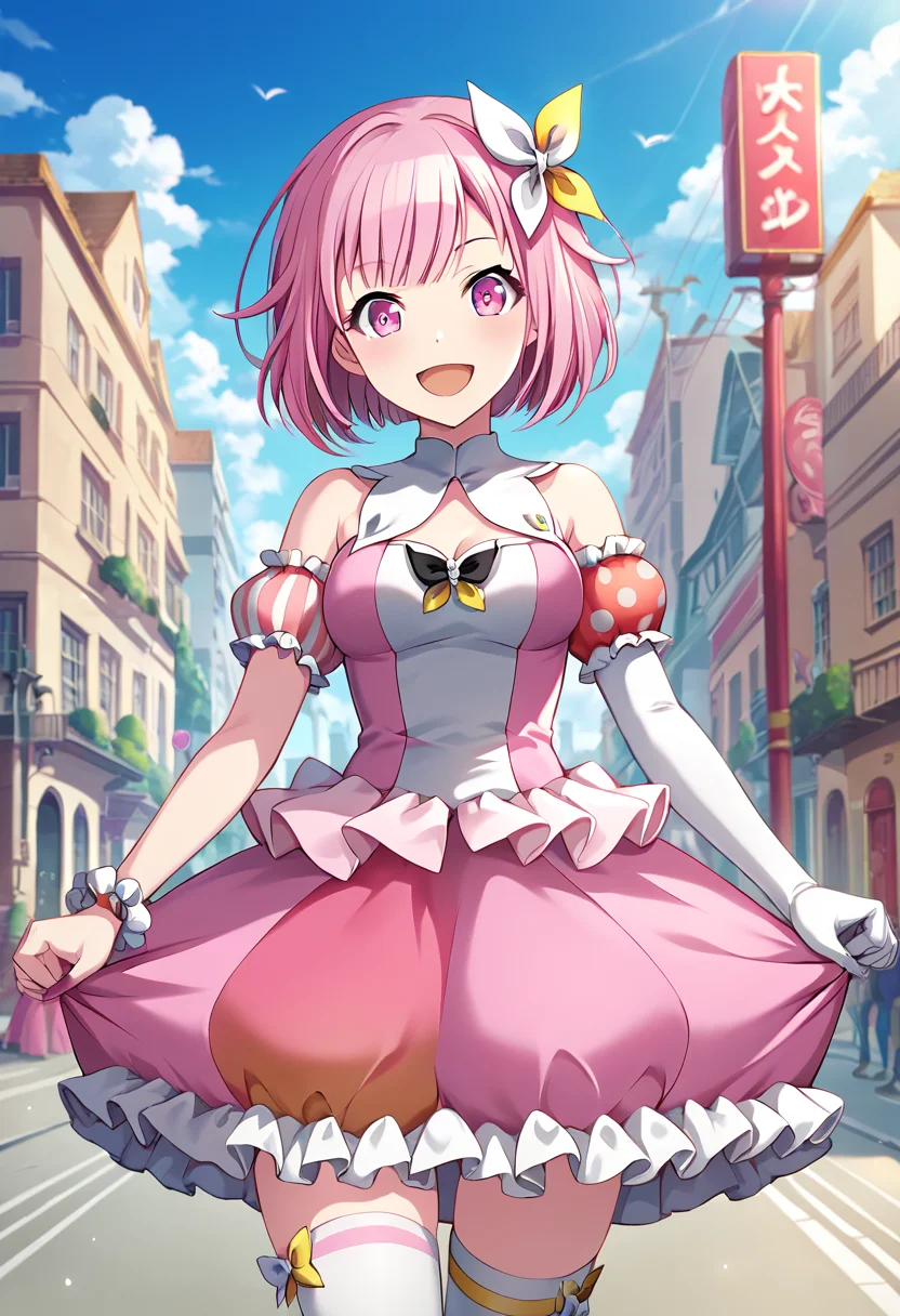 otori_emu, pink hair, short hair, pink eyes, thighhighs, striped, bow, white gloves, elbow gloves, sekai outfit, pink dress, detached sleeves, puffy sleeves, white collar, mismatched sleeves, polka dots, stripped, frills, frilled dress, bubble skirt, elbow gloves, single glove,official art, medium breasts, BREAK outside, city street, BREAK looking at viewer, sexy face, sexy smile, open mouth, cowboy shot BREAK score_9, score_8_up, score_7_up, source_anime ,zPDXL, perfect hand,<lora:Otori_Emu:0.8>