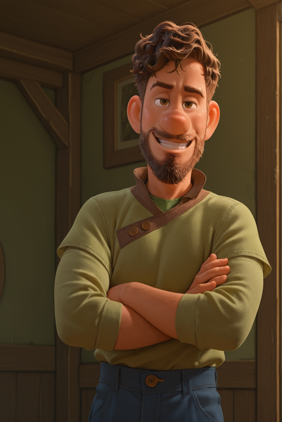 1boy, solo, male focus, searcherclade, facial hair, beard, brown hair, brown eyes, green shirt, blue pants, crossed arms, smirk
,masterpiece,best quality,amazing quality,<lora:searcher_clade_strange_world:1>