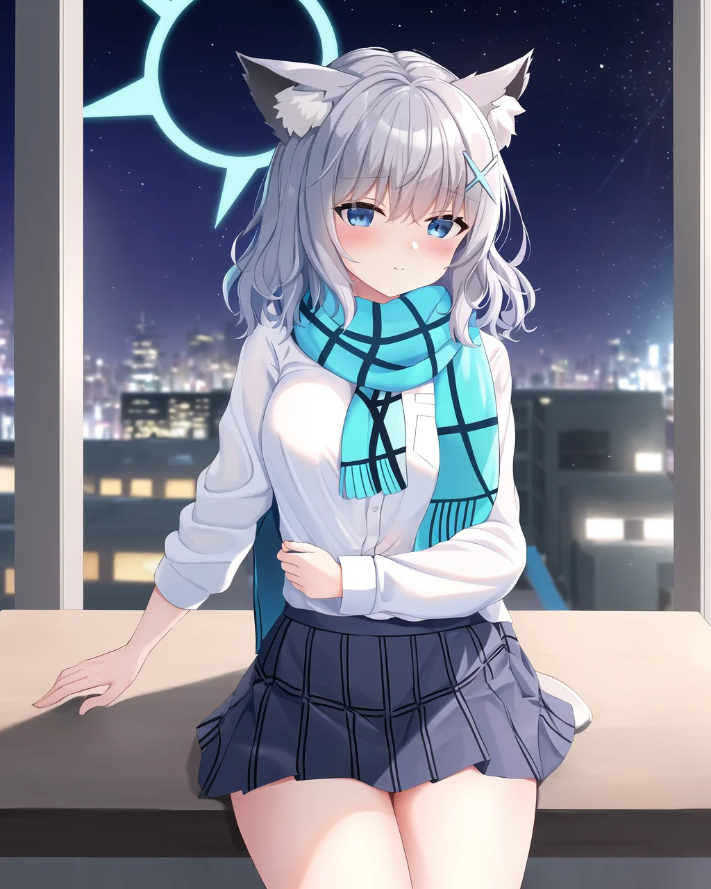 masterpiece,best quality,highres,8k,ba-shiroko,(night:1.2),close-up,blush,star_(sky\), white_shirt,blue_jacket,halo,blue_archive,black_skirt