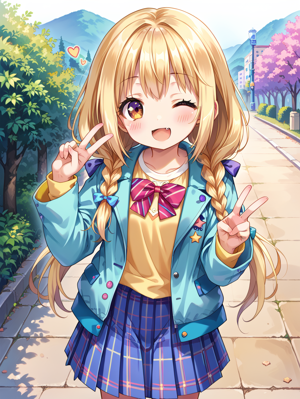 score_9, score_8_up, score_7_up,source_anime,
1girl,
outdoors, 
solo, one eye closed, skirt, jacket, braid, blonde hair, twin braids, v, smile, open mouth, twintails, long hair, yellow shirt, shirt, looking at viewer, open jacket, purple skirt, plaid, plaid skirt, skin fang, blush, low twintails, multicolored jacket, star \(symbol\), long sleeves, pleated skirt, fang, multicolored clothes, open clothes, white background, hair bow, heart, bow, aqua jacket, brown eyes, blue skirt, ;d, dot nose
 <lora:style009:0.6>