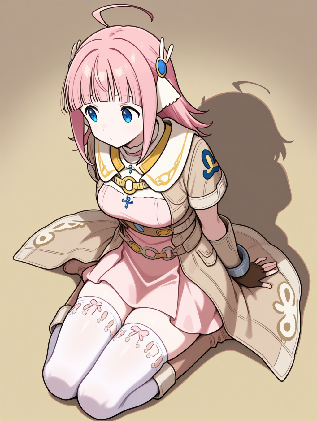 perfect quality,best quality,absolutely eye-catching,ambient occlusion,raytracing BREAK
1girl,<lora:miki IL v1.1_1:0.9>,miki,pink hair,medium hair,blunt bangs,blue eyes,hair ornament,brown coat,short sleeves,pink dress,short dress,bracers,fingerless gloves,brown gloves,white thighhighs,boots,, from above, looking away,portrait,upside-down,paw_pose,arms_behind_back,yokozuwari,