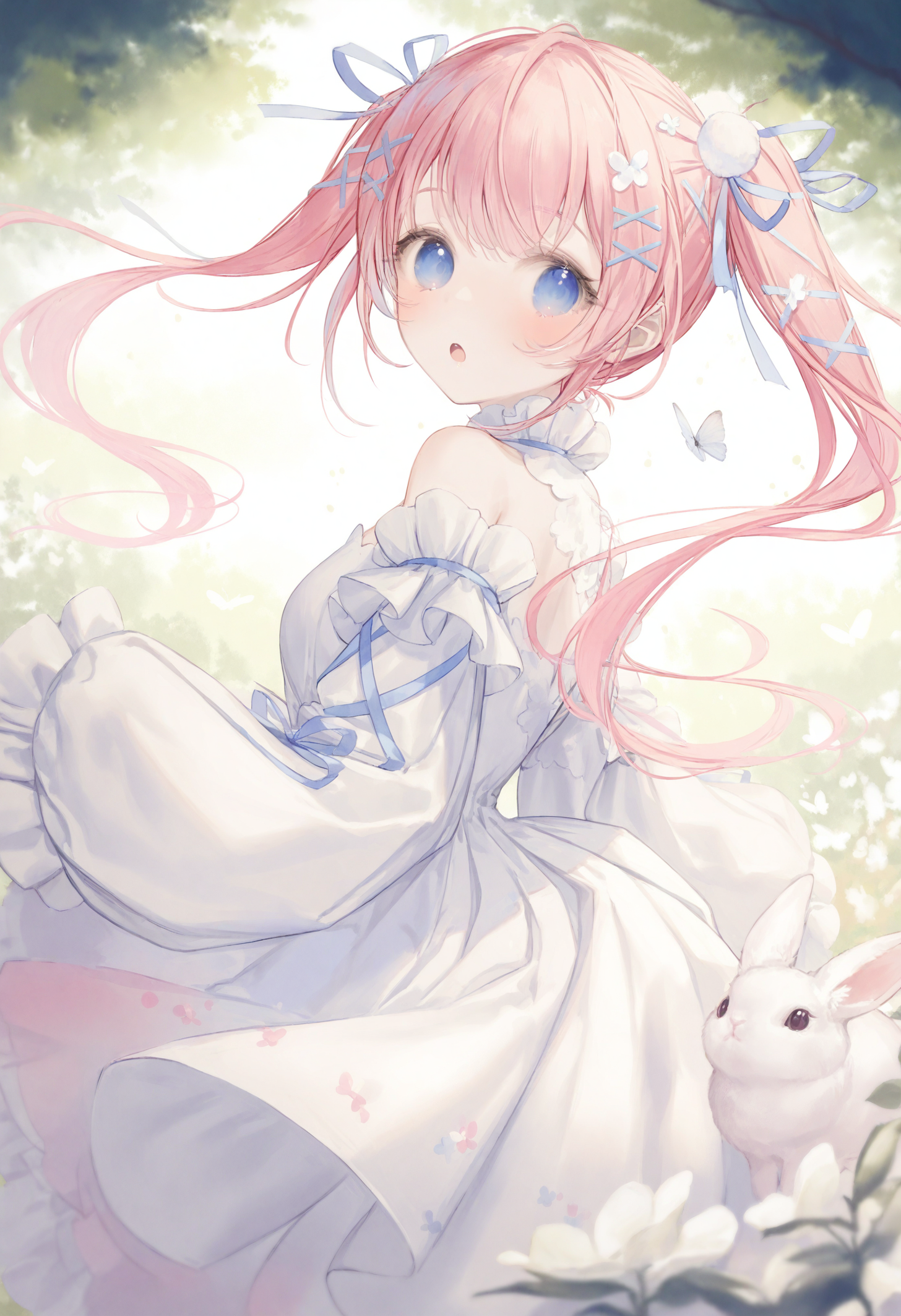 <lora:myc1_noob1.1-000189:1>,
1girl, pink hair, blue eyes, bug, long hair, looking at viewer, butterfly, solo, dress, virtual youtuber, hair ornament, flower, white dress, long sleeves, frills, ribbon, detached sleeves, white flower, blush, looking back, frilled dress, x hair ornament, rabbit, outdoors, :o, hair ribbon, twintails, bare shoulders,
masterpiece,best quality,newest,absurdres,highres,very awa,