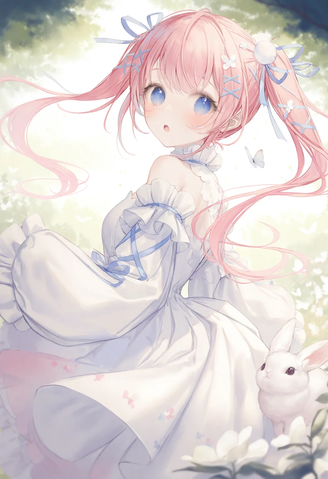 <lora:myc1_noob1.1-000189:1>,
1girl, pink hair, blue eyes, bug, long hair, looking at viewer, butterfly, solo, dress, virtual youtuber, hair ornament, flower, white dress, long sleeves, frills, ribbon, detached sleeves, white flower, blush, looking back, frilled dress, x hair ornament, rabbit, outdoors, :o, hair ribbon, twintails, bare shoulders,
masterpiece,best quality,newest,absurdres,highres,very awa,