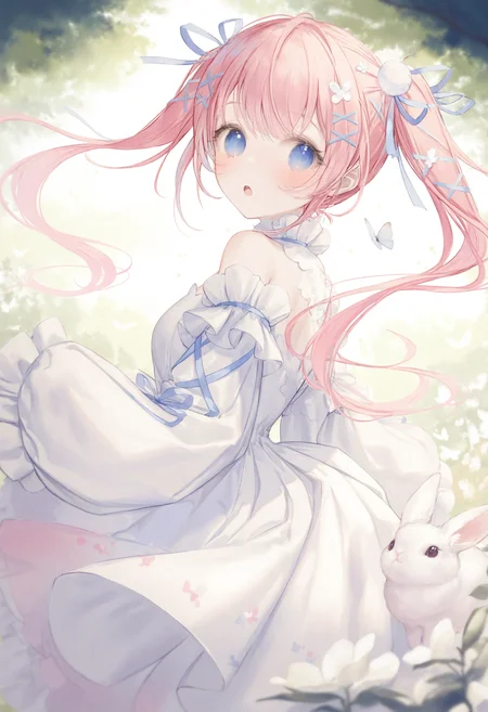 <lora:myc1_noob1.1-000189:1>,
1girl, pink hair, blue eyes, bug, long hair, looking at viewer, butterfly, solo, dress, virtual youtuber, hair ornament, flower, white dress, long sleeves, frills, ribbon, detached sleeves, white flower, blush, looking back, frilled dress, x hair ornament, rabbit, outdoors, :o, hair ribbon, twintails, bare shoulders,
masterpiece,best quality,newest,absurdres,highres,very awa,