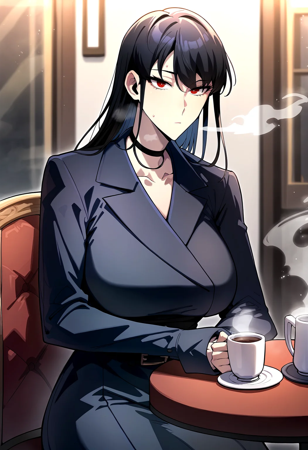score_9, score_8_up, score_7_up, score_6_up, source_anime, rating_explicit, <lora:neg4all_bdsqlsz_V3.5:2.0>1girl, (solo:1.1), huge breasts, <lora:Shuranponyxl:1> long hair, black hair, red eyes, bangs, black coat, long sleeves, choker, black belt, collarbone, expressionless, Narrow shoulders, heavy breathing, sweat, steaming body, cafe, indoor, looking at viewer, sitting, chair, table, holding coffee mug