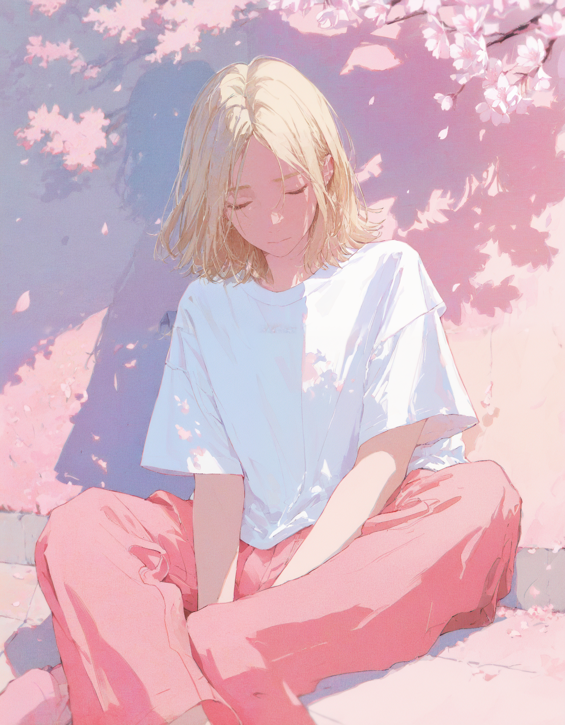 masterpiece, best quality, very aesthetic, absurdres, newest, <lora:69yottea_illu_v2:1.2>,69yotte4_illu,<lora:Abstract:0.5>,pastel colors, monochrome, film grain, blue_shadow,
solo, shirt, closed eyes, white shirt, sitting, short sleeves, shadow, pants, t-shirt, closed mouth, blonde hair, medium hair,cherry blossoms,