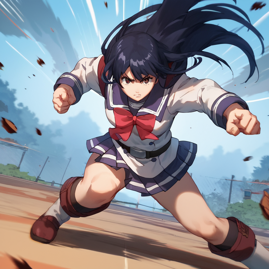 score_9, score_8_up, score_7_up, score_6_up, score_5_up, score_4_up, source_anime,  YuriHonjo, school uniform, dynamic pose, battle, fighting