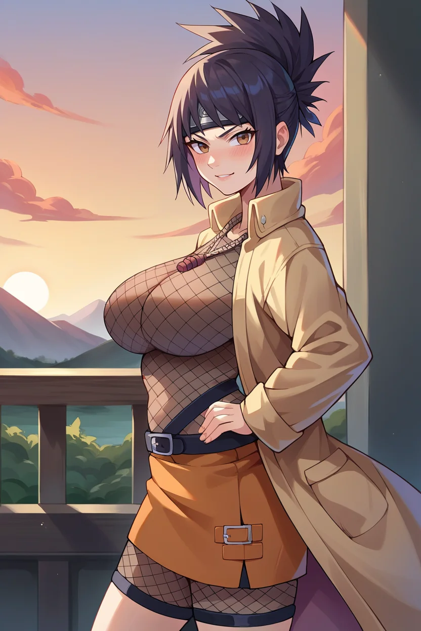 score_9, score_8_up, score_7_up, score_6_up, source_anime, 1girl, solo, <lora:anko-pdxl-nvwls-v1-000006:1> mitanko, folded ponytail, black hair, brown eyes, forehead protector, necklace, mesh bodysuit, belt, orange skirt, coat, toeless footwear, large breasts, from side, looking at you, blush, seductive smile, sunset, mountains