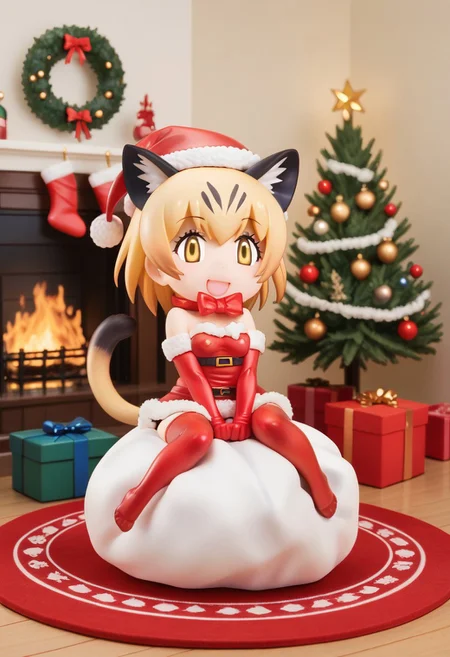 1girl, ((solo)), best quality, ultra-detailed, extremely detailed, perfect anatomy, masterpiece, score_9, score_8_up, score_7_up, Expressiveh, sand cat \(kemono friends\), 1girl, cat girl, cat ears, blonde hair, short hair, yellow eyes, cat tail, elbow gloves, bowtie, christmas tree, christmas decoration, christmas ornaments, underneath Christmas tree background, indoors, santa cosplay, santa outfit, santa hat, santa's sack, Christmas outfit, giant sack of presents, fully clothed, Christmas themed thighhighs, thighhighs, santa's sack of presents, red ribbon collar, Christmas presents, Christmas themed, living room, fireplace, (chibi), looking at viewer, smiling, eager, excited, happy, cute, adorable, surprised, hearts, tail_accessory, mistletoe_on_tail, mistletoe, dynamic lighting, looking at viewer, sitting, posing,