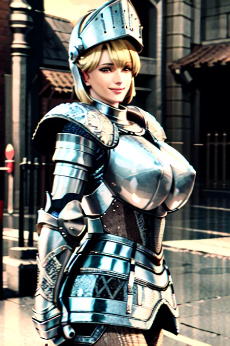 (masterpiece, best quality:1.2), ashley, re4, knight armor, knight helmet, blonde hair, visor, full armor, breastplate, smile <lora:ASHLEYCL4-15:0.8>