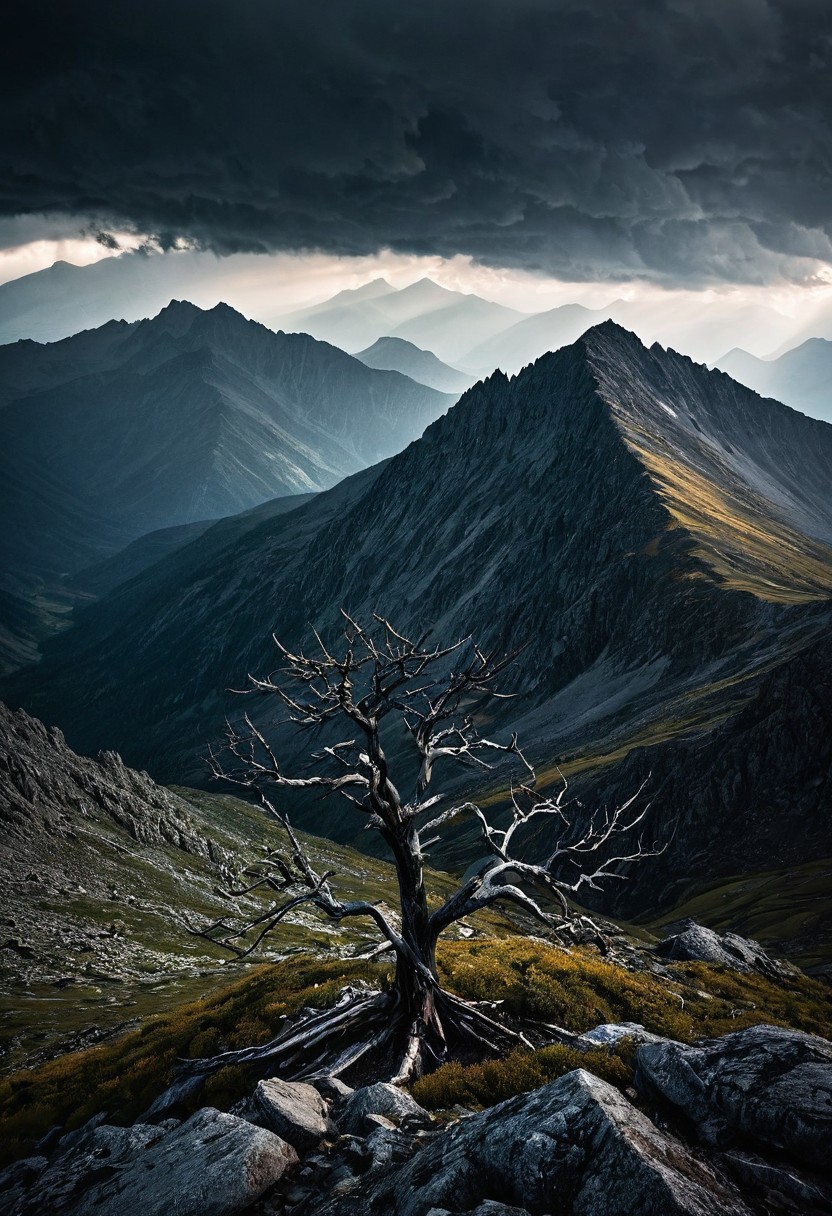 Moody Mountainous Landscape: Capture the majesty of a storm brewing over a rugged mountain range. Dark, ominous clouds hang low, casting a melancholic shadow over the peaks. A solitary tree stands defiantly, its branches reaching for the fading light, creating a dramatic and dreamy atmosphere. Use a wide-angle lens to encompass the vastness of the scene.
