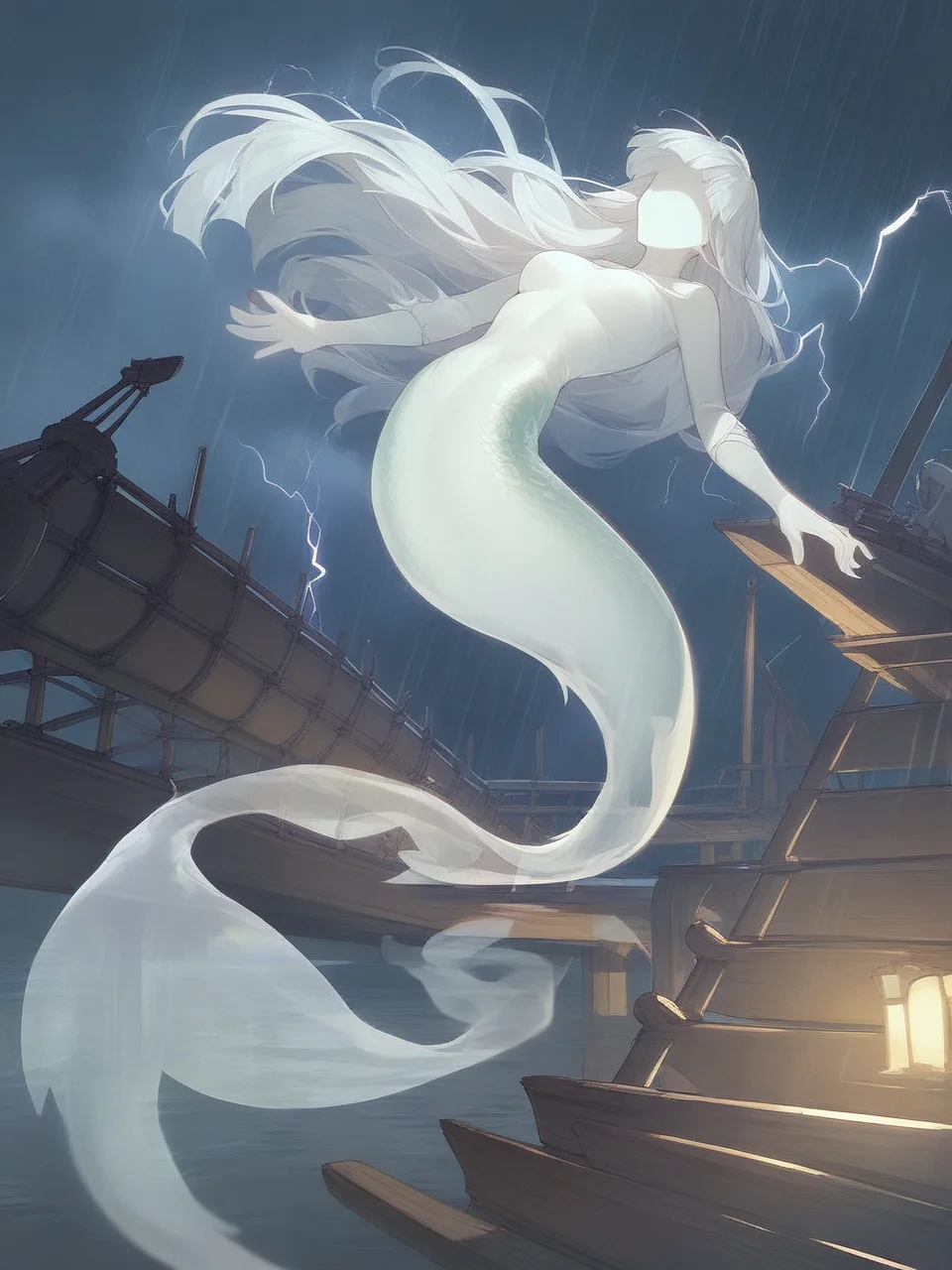 (ghost:1.2), (transparent:1.2), mermaid, floating, flying, solo, breasts, long hair, white hair, hime cut, no face, (webbed hands:0.7), indoors, wooden ship, ocean, night, storm, rain, lightning, mist, fog,
<lora:Aether_Ghost_v1.1_LoRA:1.0>, score_9, score_8_up, score_7_up,