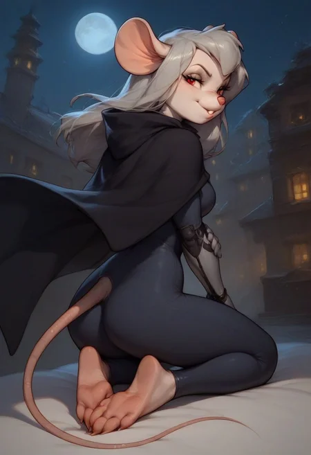 score_9, score_8_up, score_7_up, score_6_up, score_5_up, score_4_up, city, night, moon, moon light widget_h0Ickwrench, black diving suit, mouse girl, anthro mouse, black cloak, light grey hair, long hair, red eyes, white fur, evil look, bedroom eyes, looking at viewer, rear view, full body view, mouse feet, bare foot, on knees, sexy pose, robotic arm